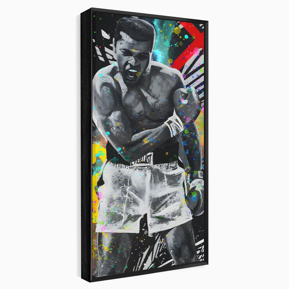 Tablou canvas cu tablou canvas cu muhammad ali in alb si negru, in rama de aluminiu negru
